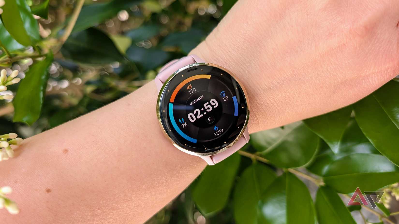 Wrist shot of the Garmin Venu 3S near bushes