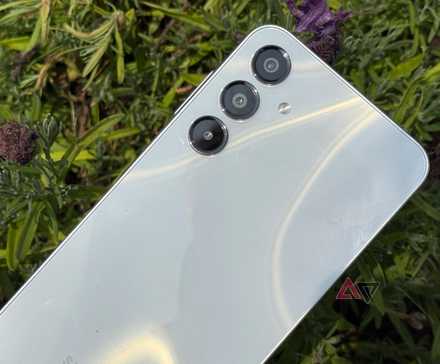 Samsung Galaxy A16 in sunlight with flowers behind