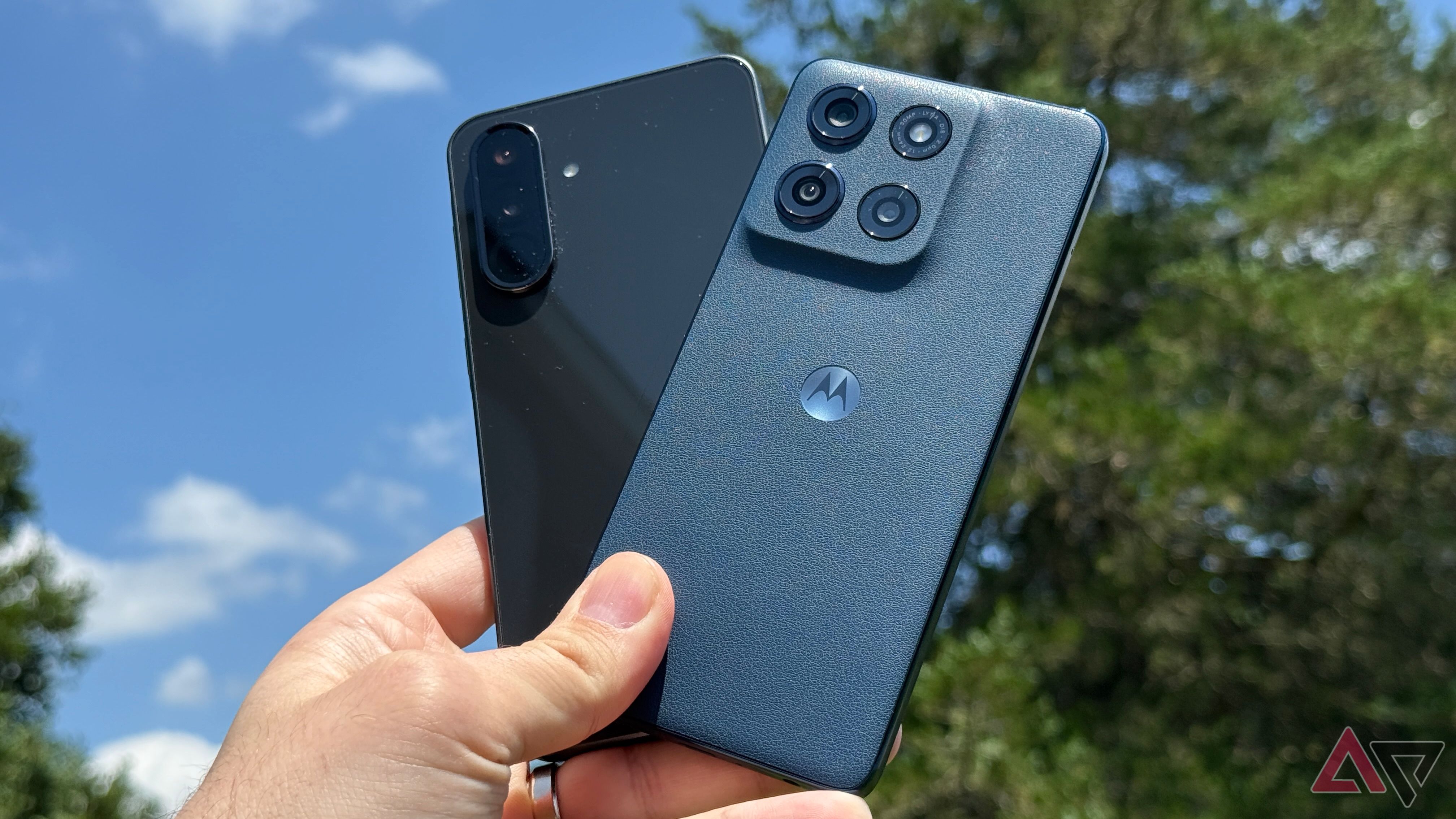 Moto G Stylus 2025 and Samsung Galaxy A36 held side by side