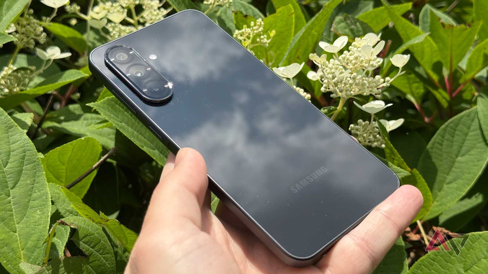 Samsung Galaxy A36 with sunlight is reflected on its back