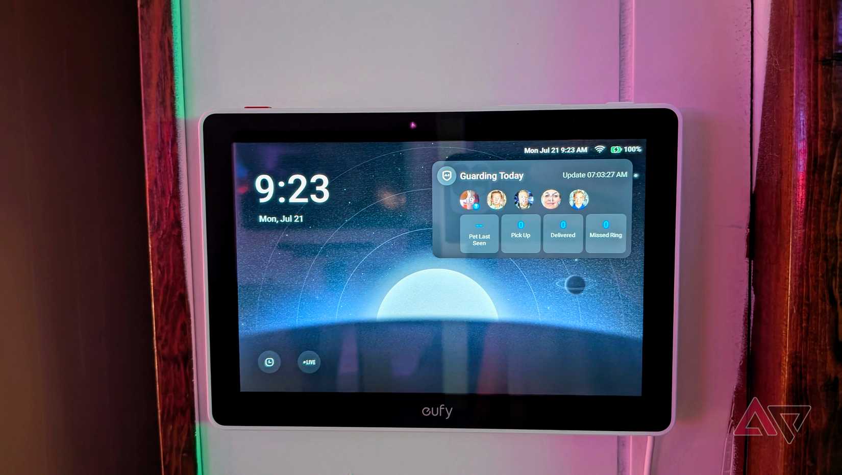 The Eufy Smart Display E10 displays a wall-mounted home screen.