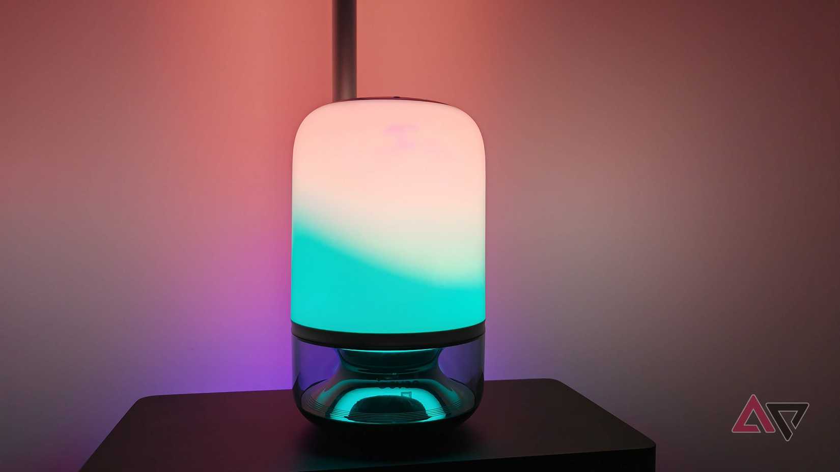 The Govee Table Lamp 2 Pro x Sound from JBL shows a green and white light with a glowing light behind it.