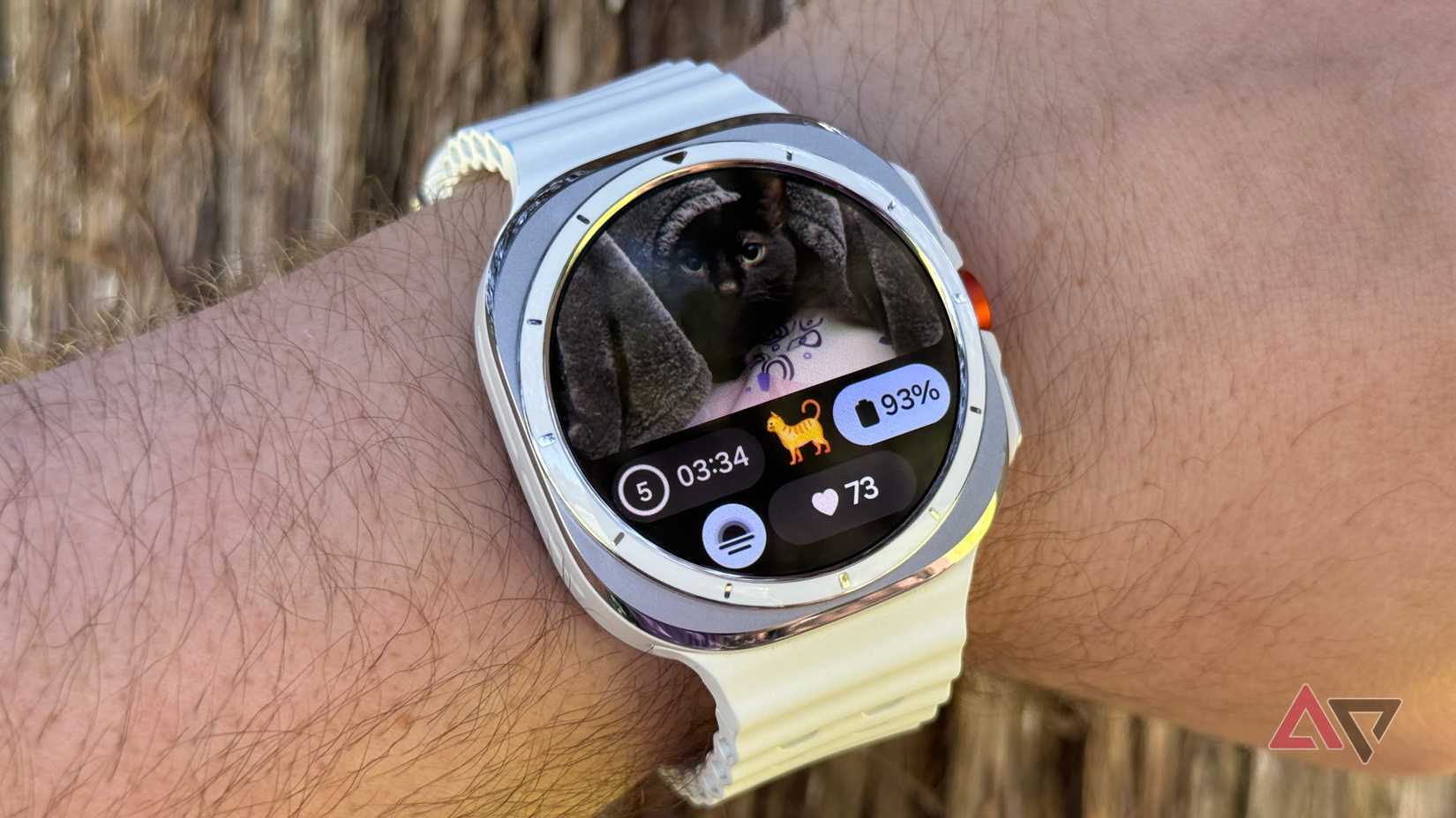 Samsung Galaxy Watch Ultra in white with a cat watchface