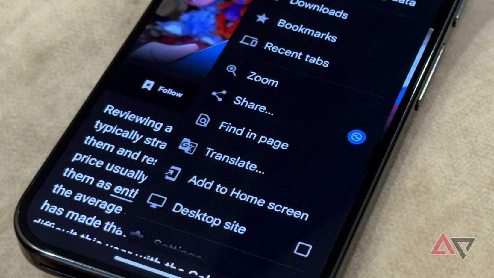 Menu di Google Chrome con opzioni come Trova nella pagina, Condividi e così via, su un telefono Android