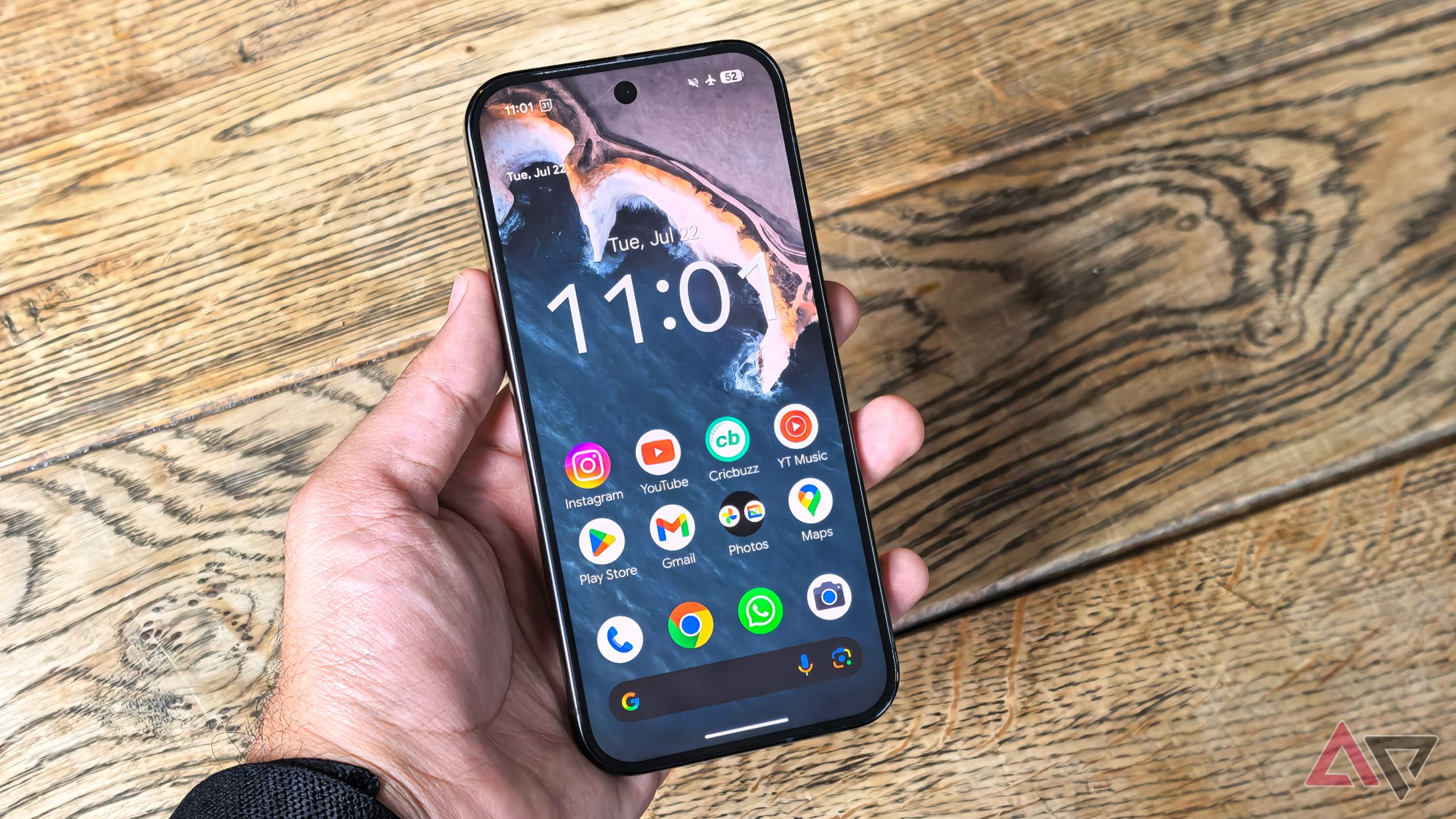 A Googe Pixel phone showing the Google Pixel Launcher on the home screen