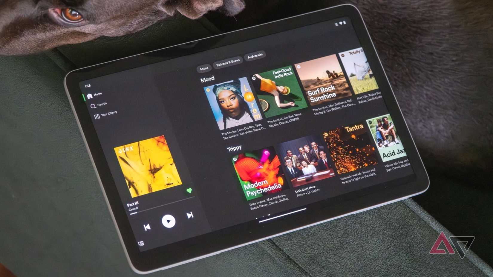 Pixel Tablet with Spotify app running on top