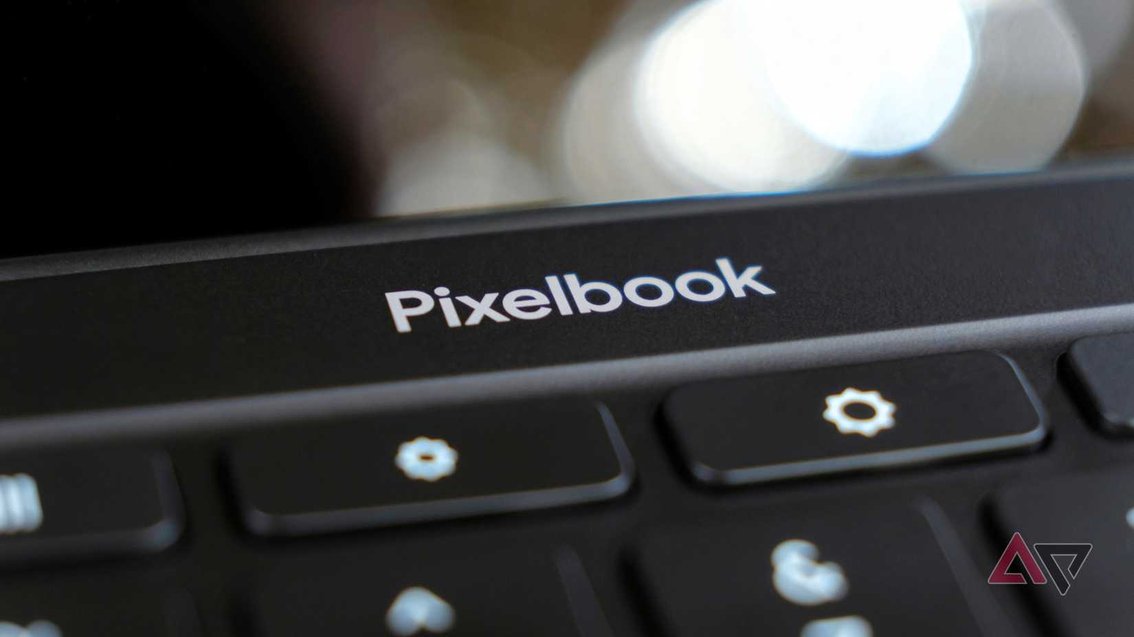 A closeup of the Pixelbook wordmark on the Pixelbook Go.