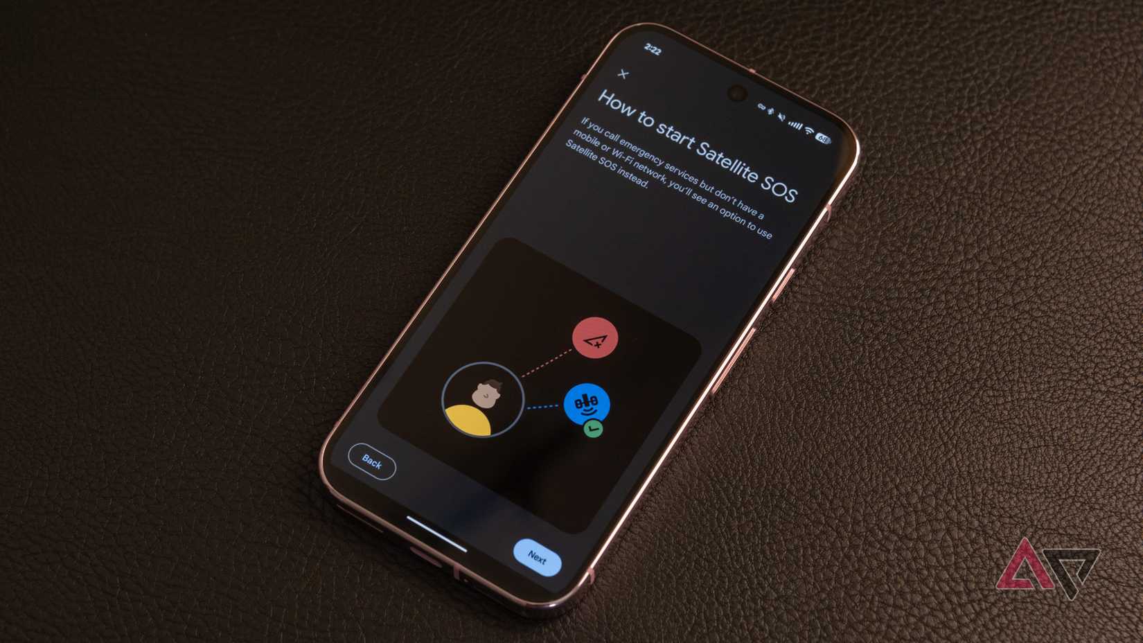 A Pixel 9 Pro displaying an interface that reads 'How to start Satellite SOS'