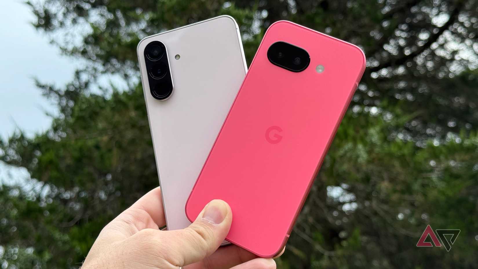 Samsung Galaxy A56 held up against a Google Pixel 9a