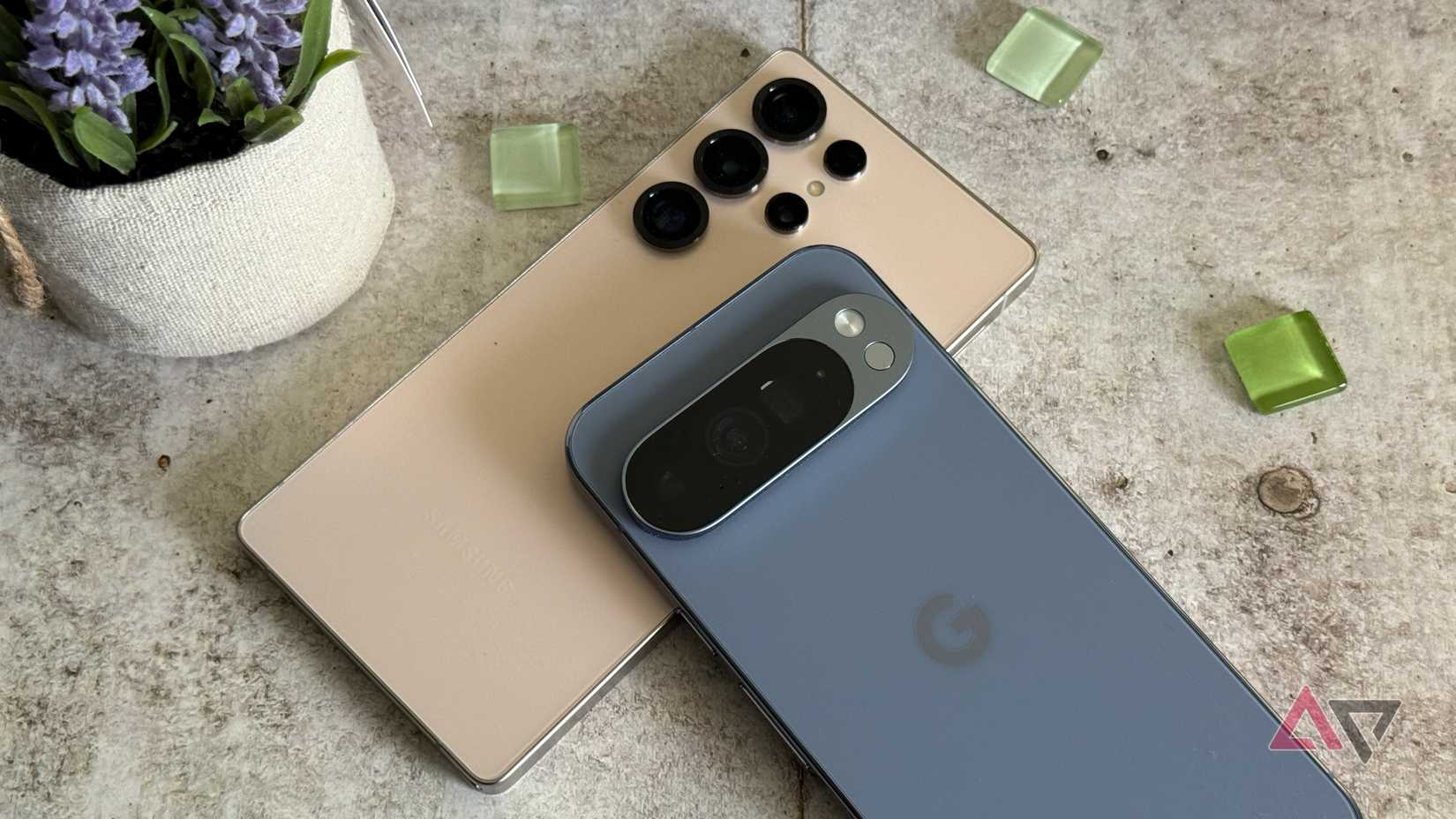 Google Pixel 10 Pro XL sitting next to the Galaxy S25 Ultra