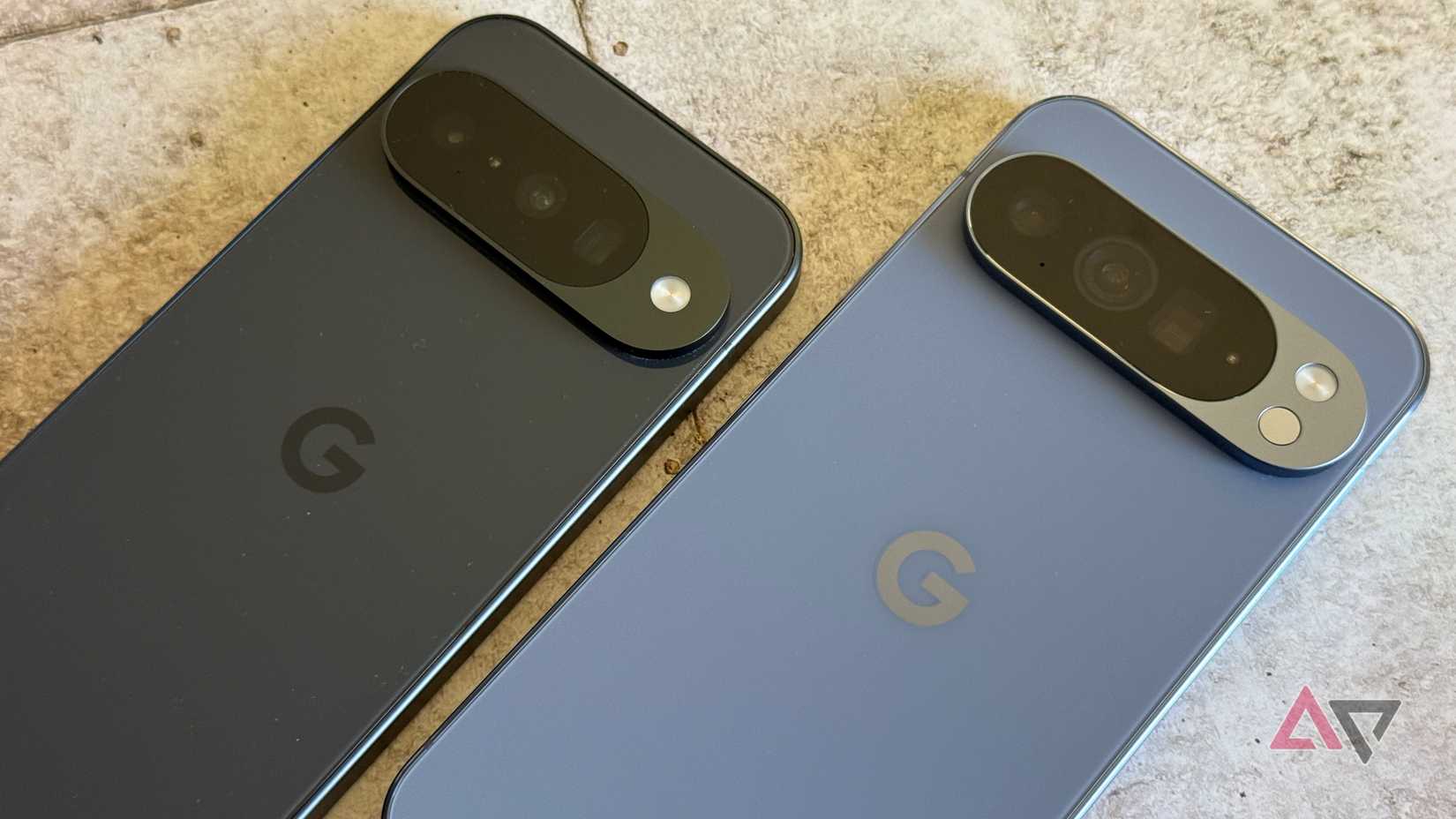 Google Pixel 10 sitting next to a Google Pixel 10 Pro XL