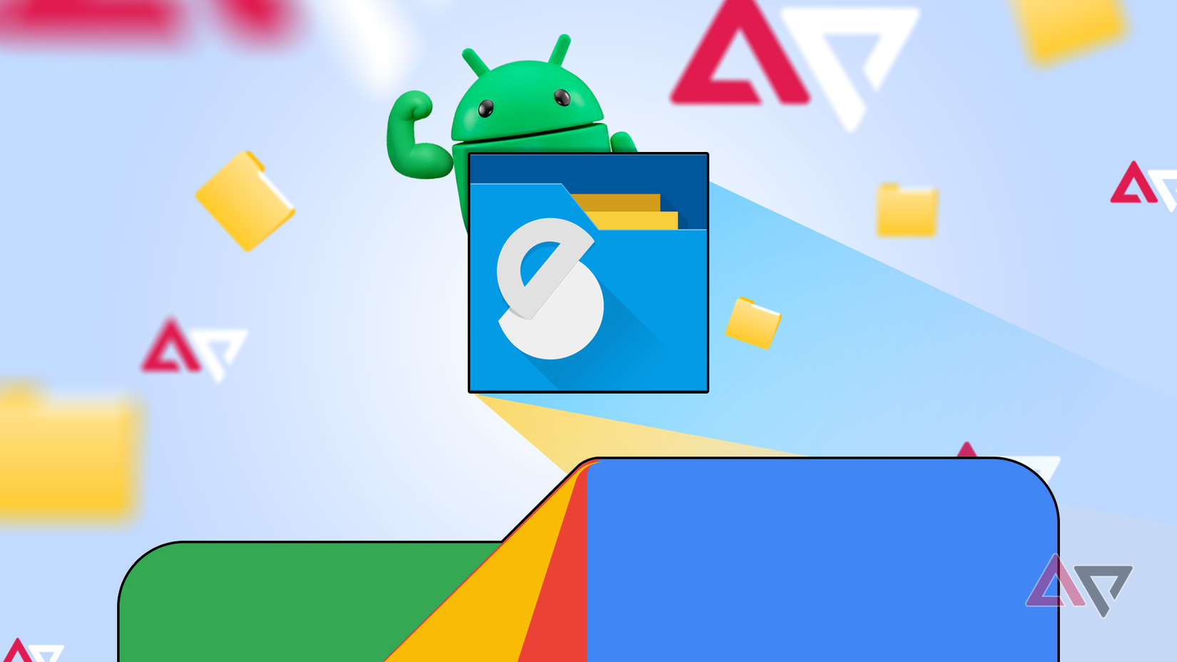 Android mascot behind the Solid Explorer logo, with the Google Files logo at the bottom and folder icons floating in the background.