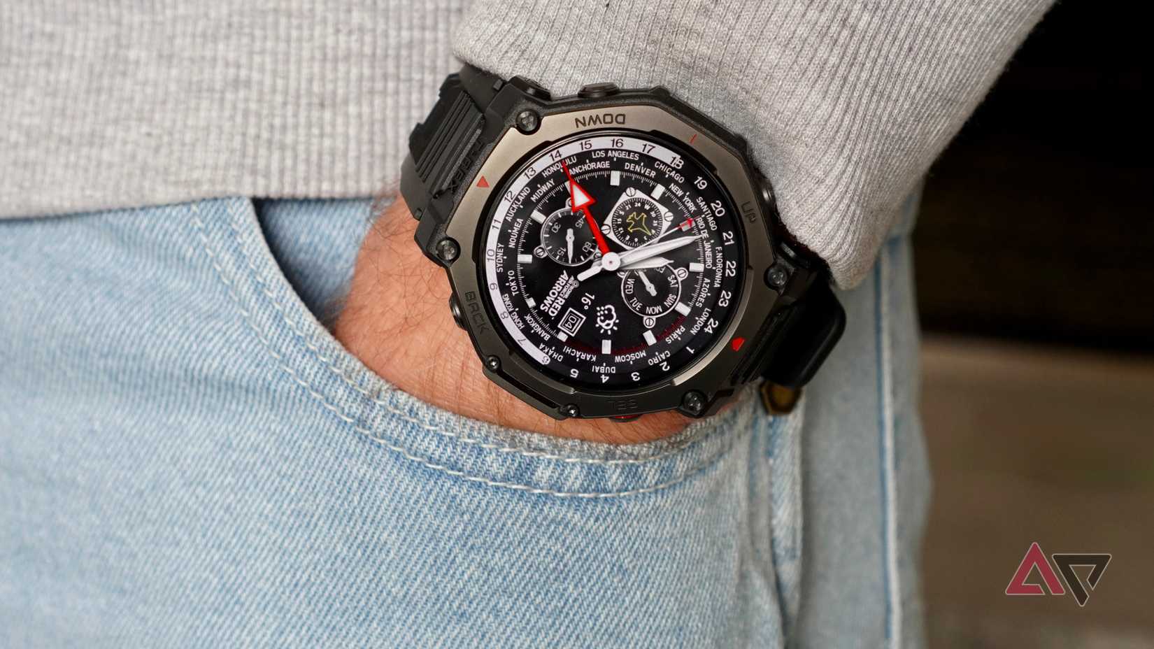 A person wearing the Amazfit T-Rex 3 Pro
