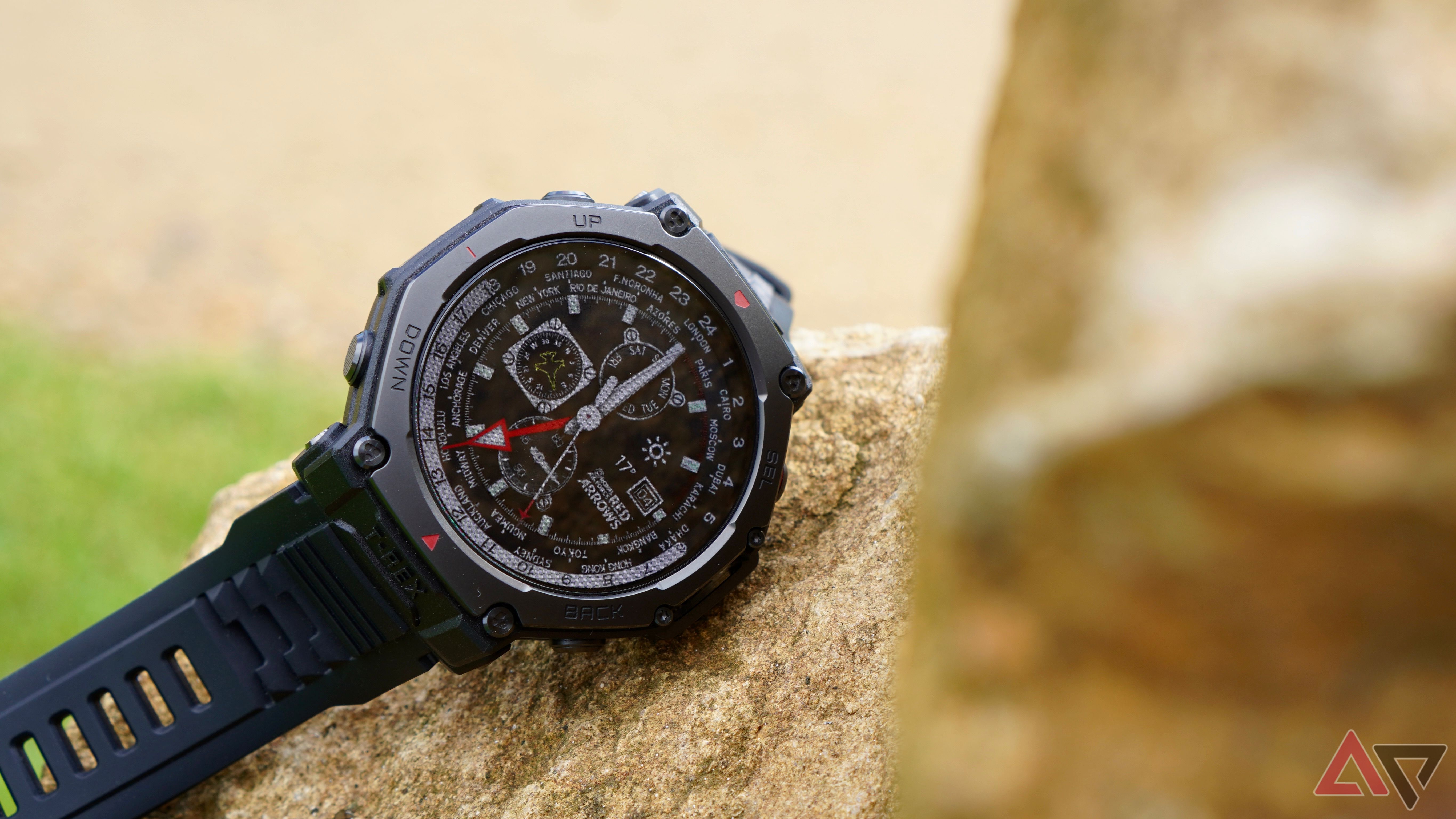 The Amazfit T-Rex 3 Pro on a rock