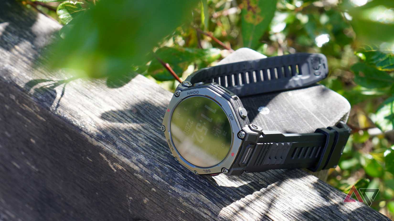 The Amazfit T-Rex 3 Pro on a piece of wood