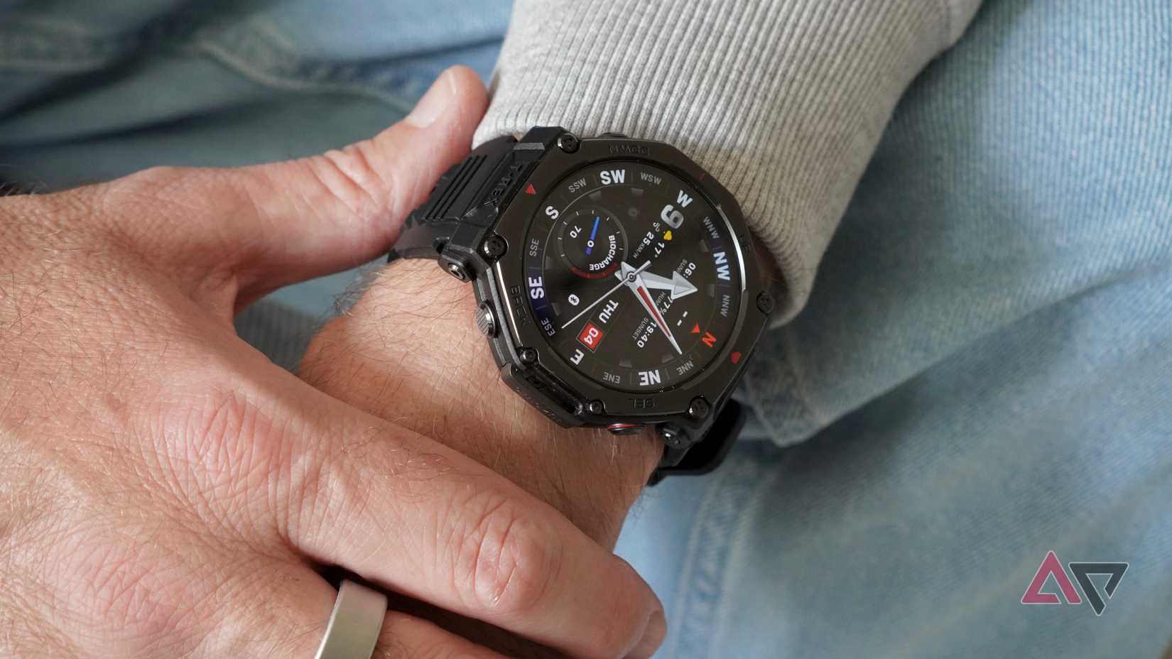 A person wearing the Amazfit T-Rex 3 Pro