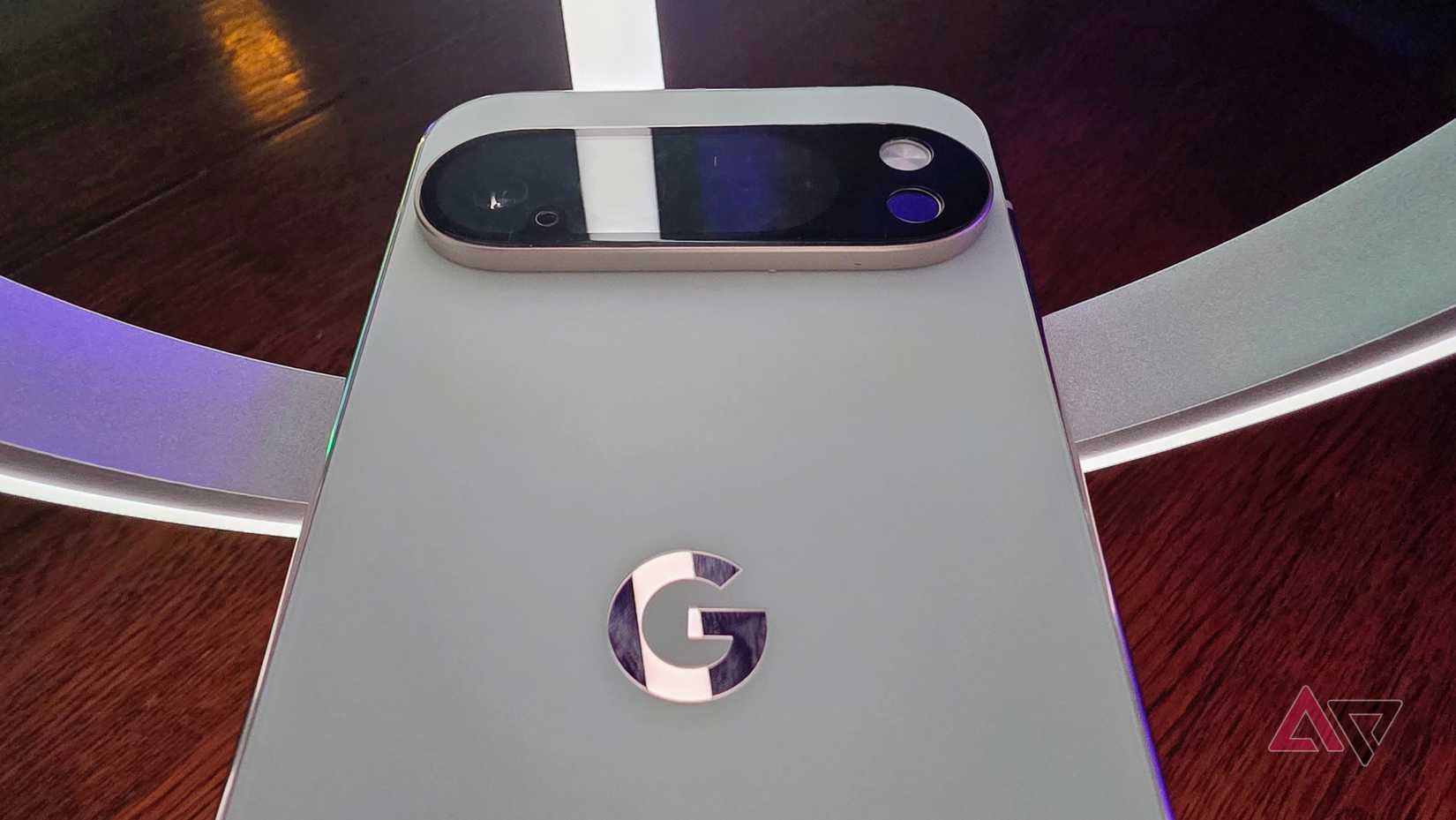 Google Pixel 10 Pro XL showing the back of the phone laying on some smart lights 