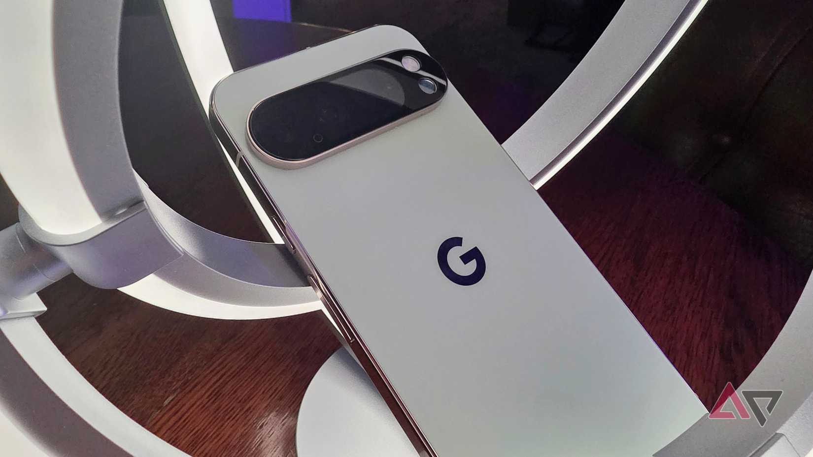 Google Pixel 10 Pro XL showing the back of the phone laying on some smart lights 