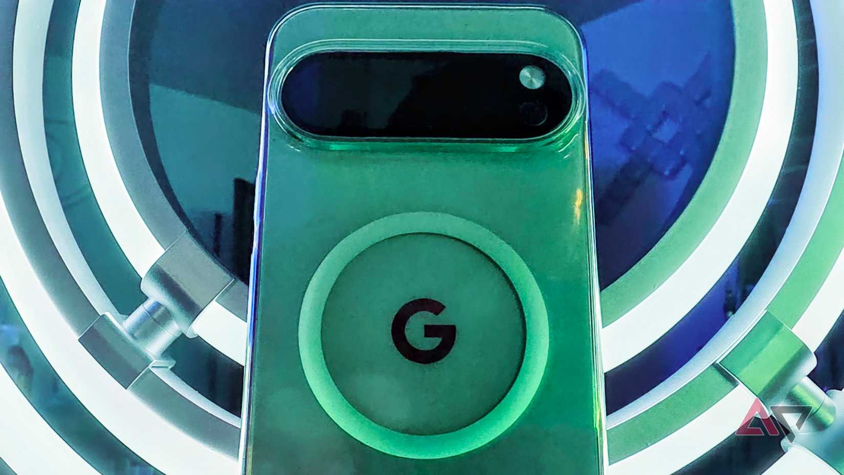 Google Pixel 10 Pro XL showing the back of the phone laying on some smart lights 