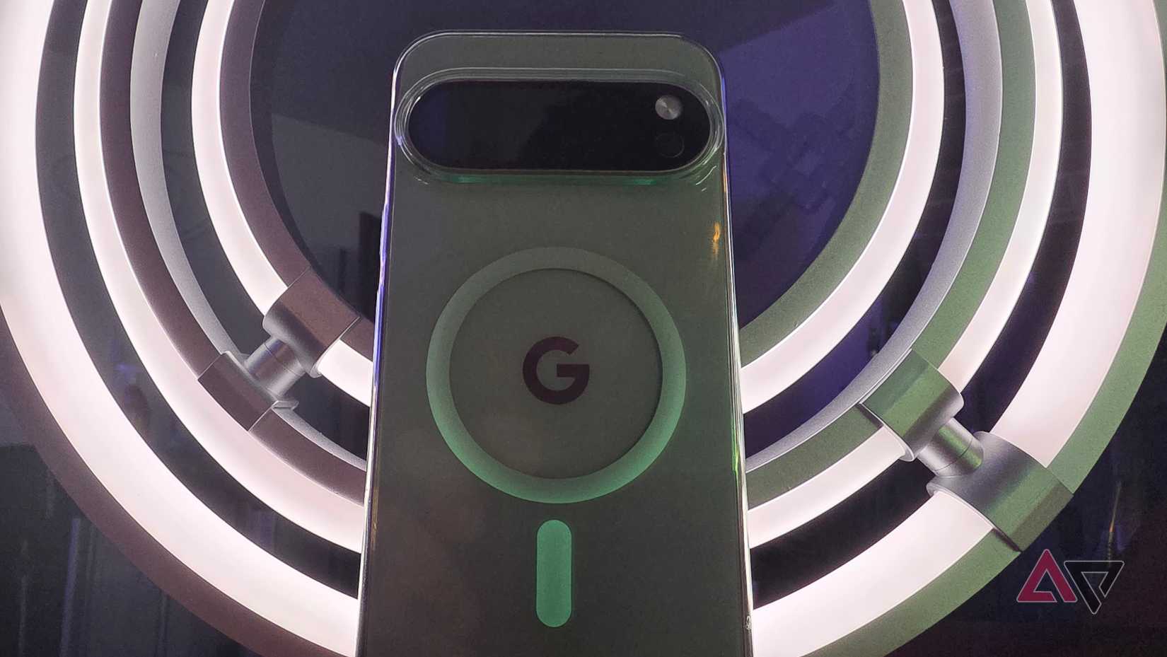 Google Pixel 10 Pro XL showing the back of the phone laying on some smart lights 