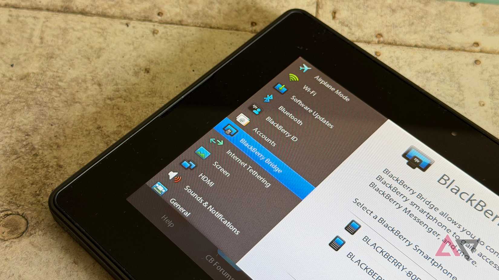 Settings menu on the BlackBerry PlayBook