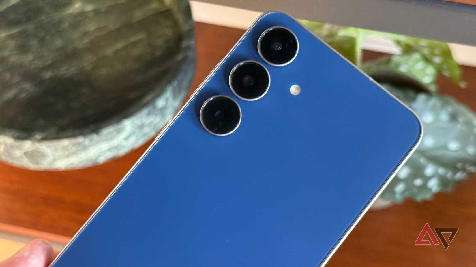 Samsung Galaxy S25 FE against a wood desk background