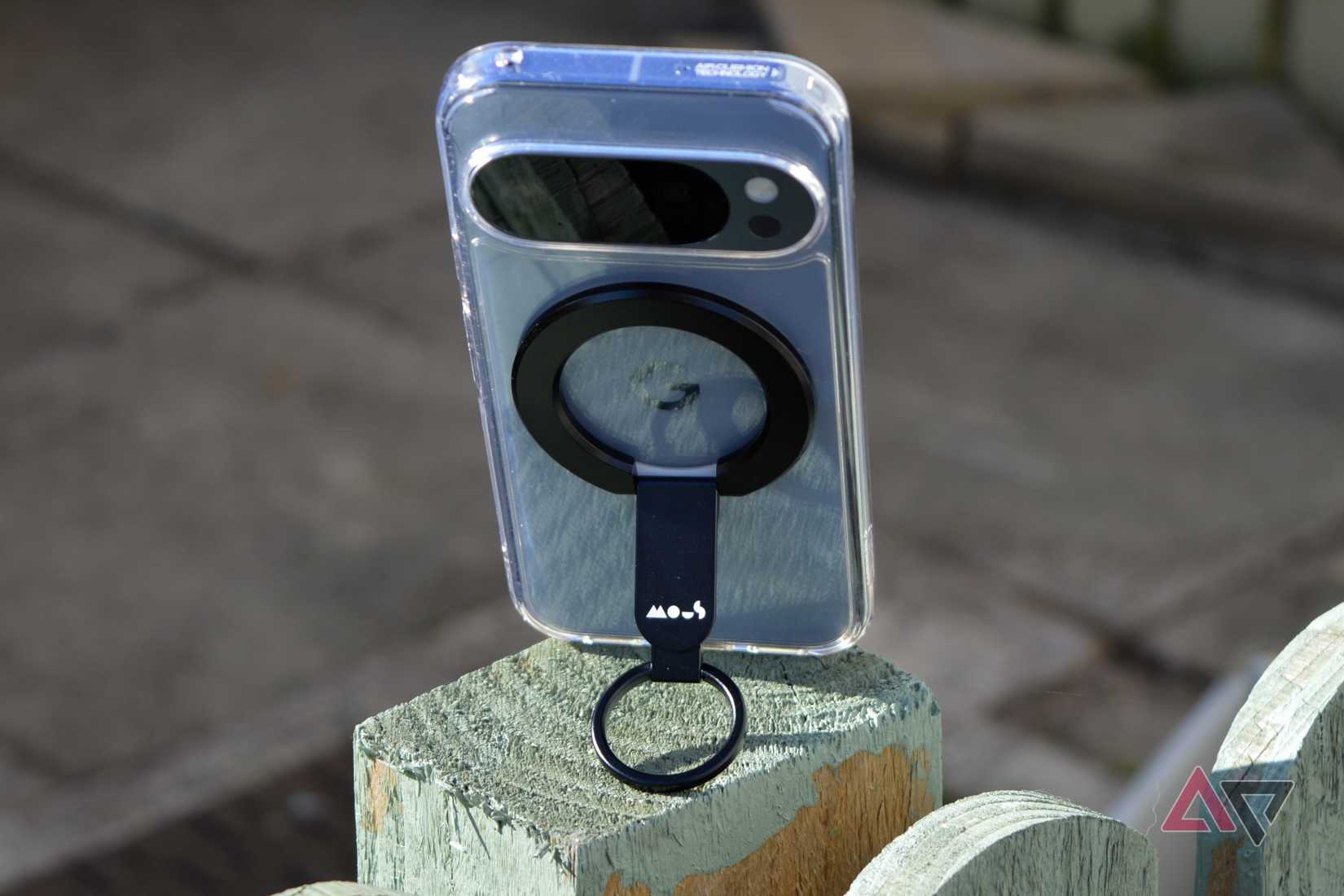 The Mous ring stand installed on a Pixel 10 Pro.