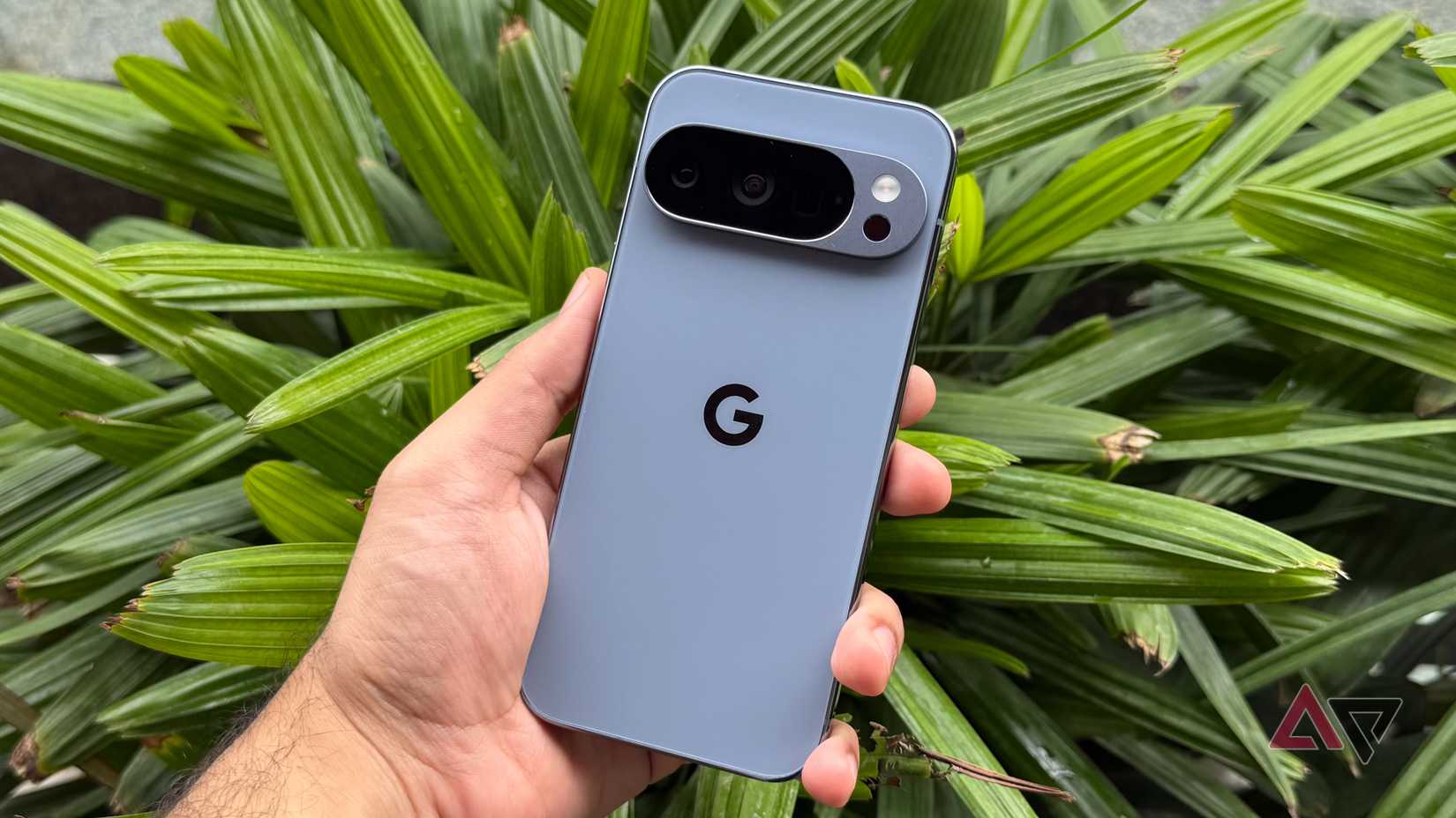 Google Pixel 10 Pro na mão na frente de folhas verdes