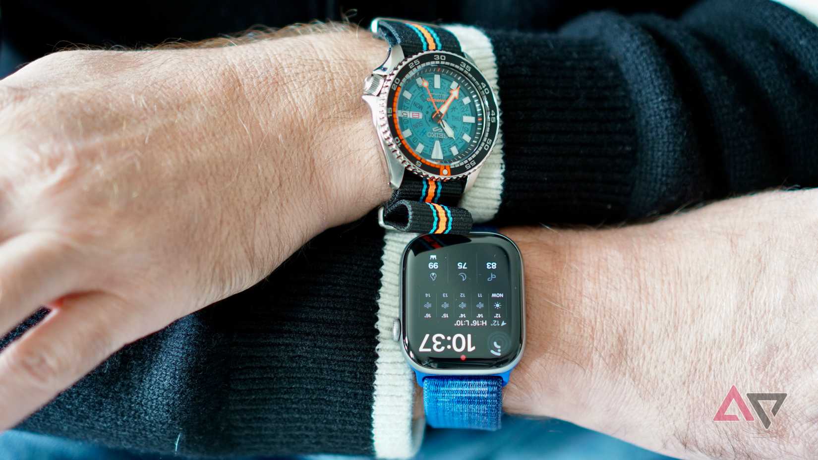 A person wearing a normal watch and an Apple Watch Series 11