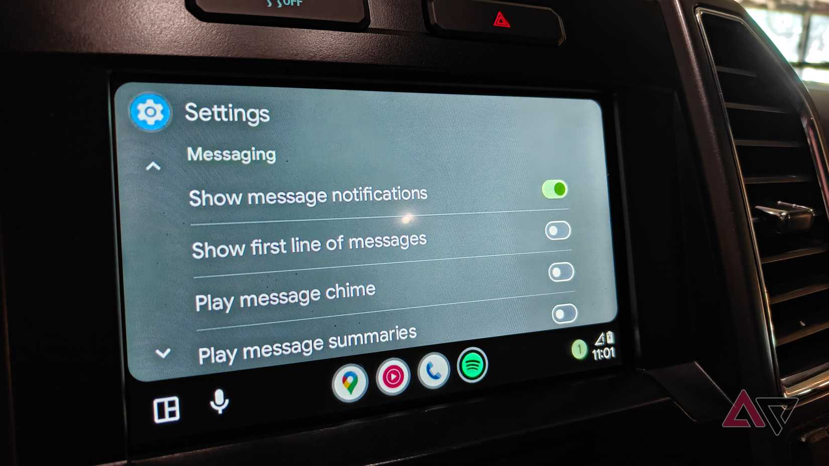 Settings page on Android Auto in a vechicle