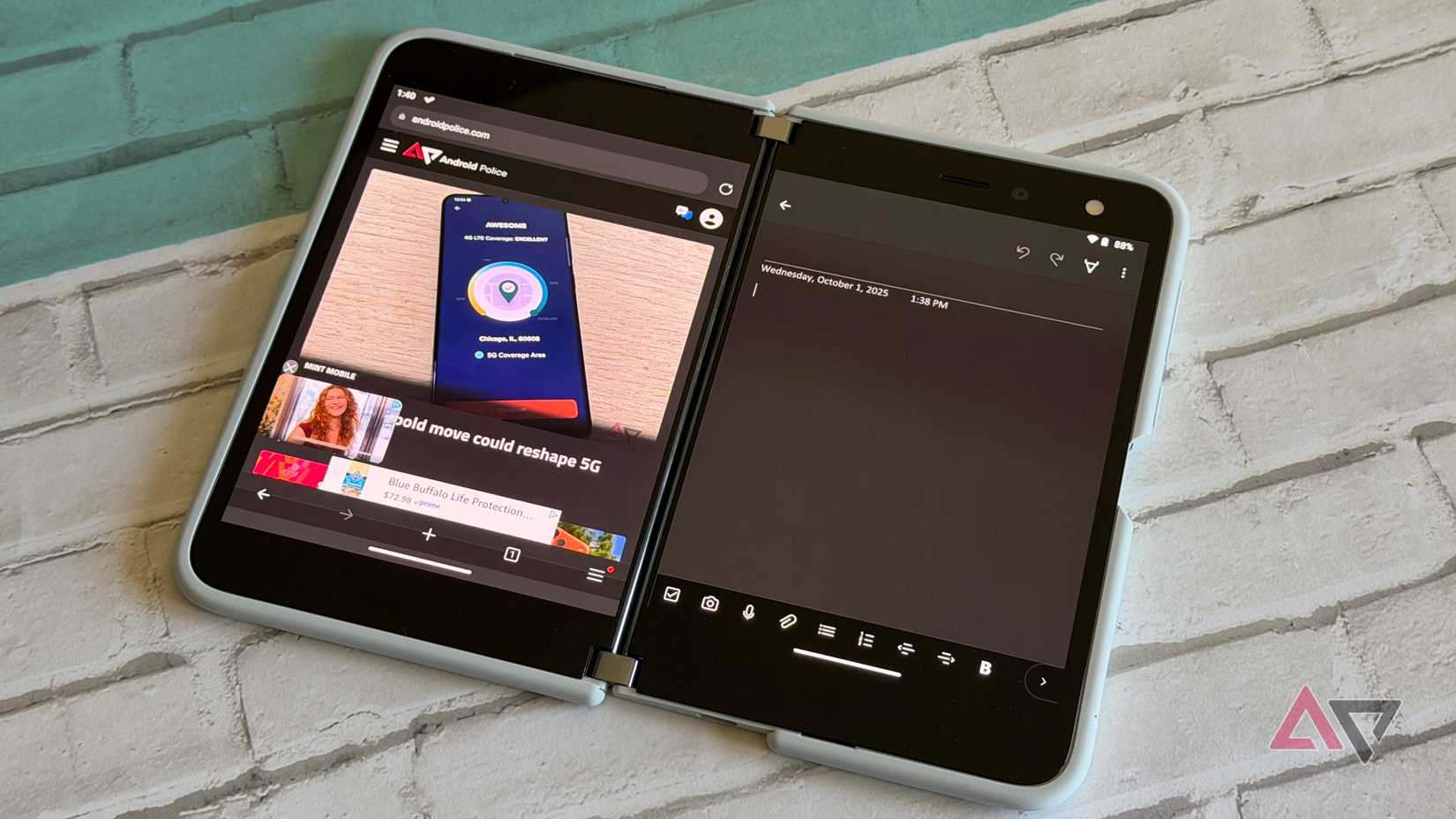 Microsoft Surface Duo with two apps displayed