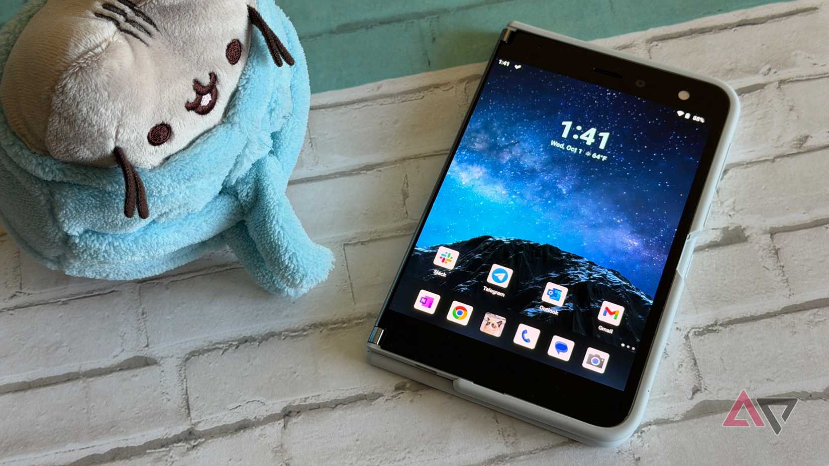 Microsoft Surface Duo folded over to allow one-handed use