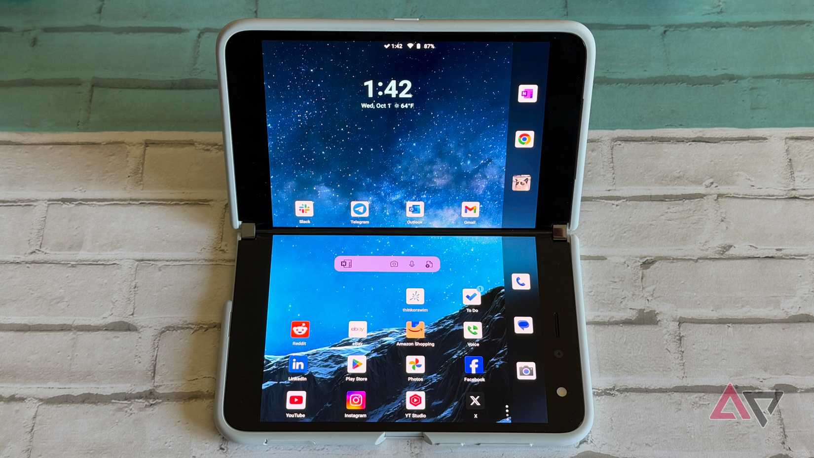 Microsoft Surface Duo folded open like a laptop