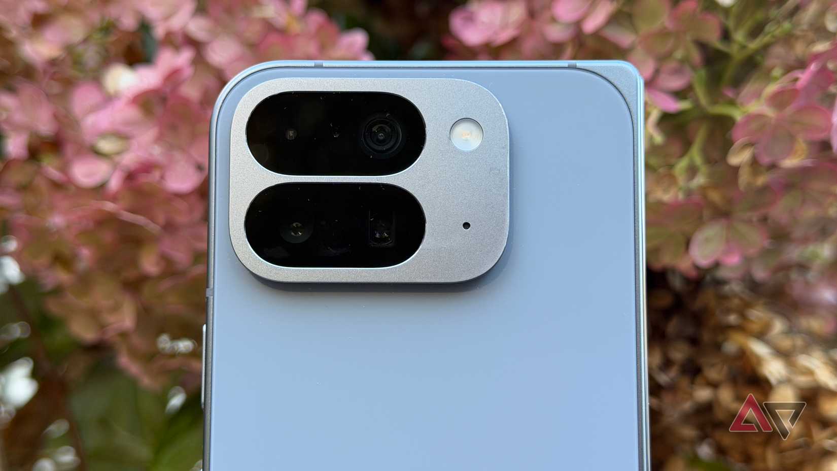 Google Pixel 10 Pro Fold held up against some flowers