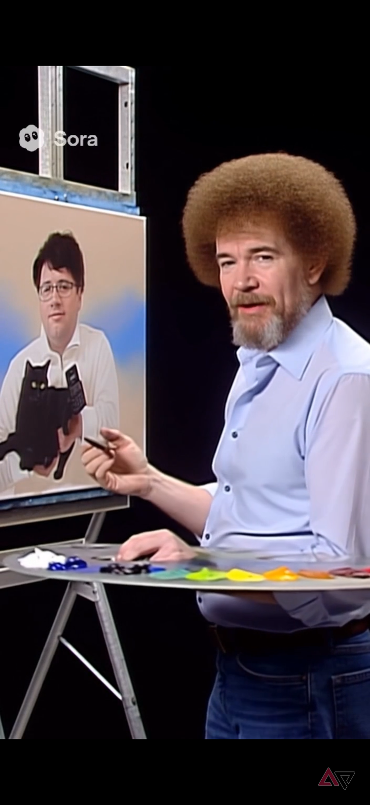 Bob Ross painting Stephen Radochia and a cat on the Sora app