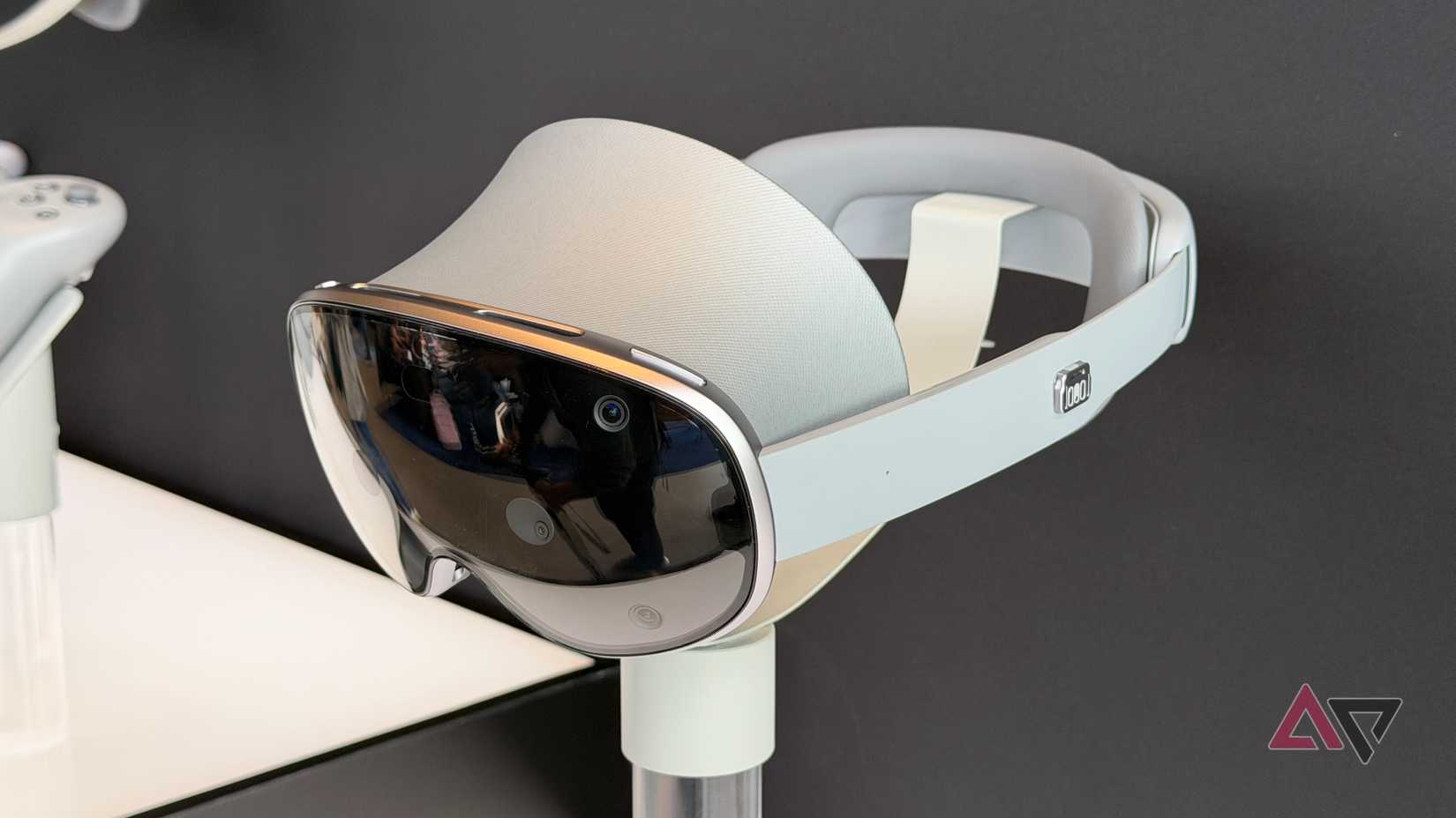 Samsung Galaxy XR sitting on a display stand