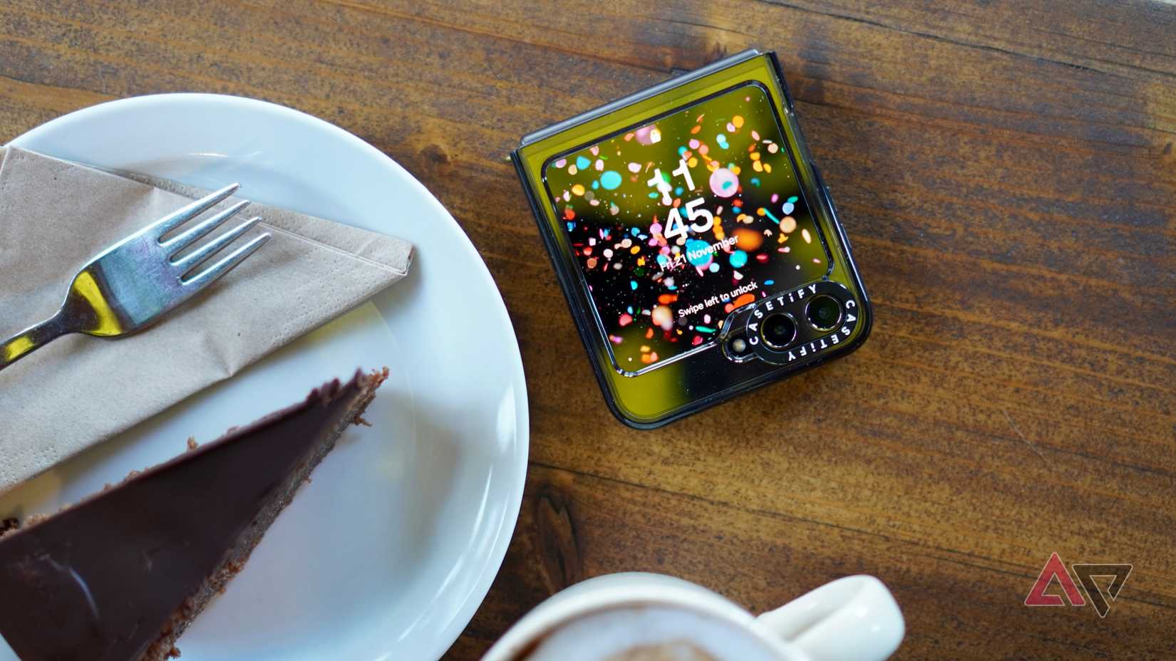 A closed Samsung Galaxy Z Flip 5 in a Casetify case