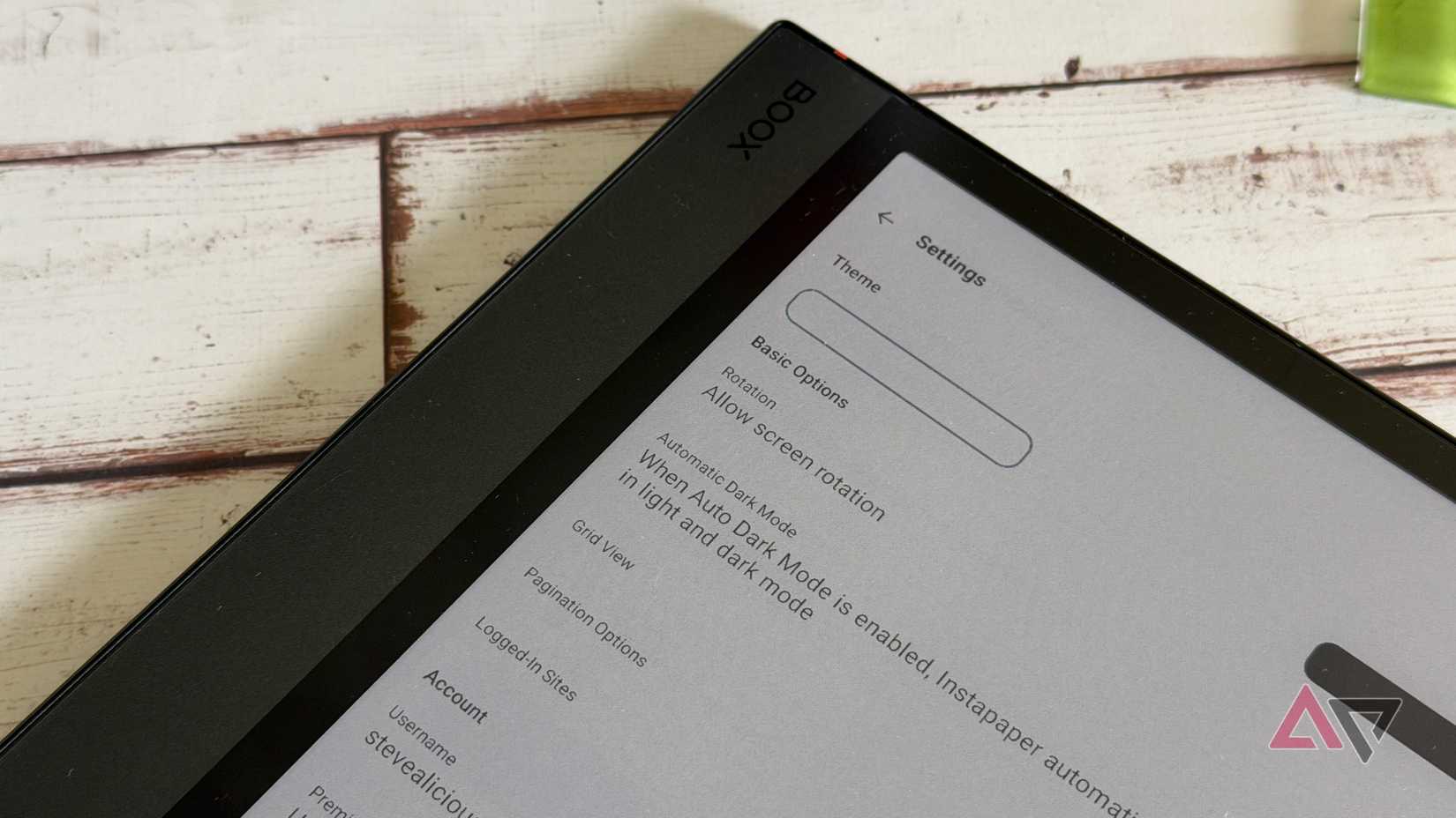 Configurações do Instapaper mostradas em um display E Ink