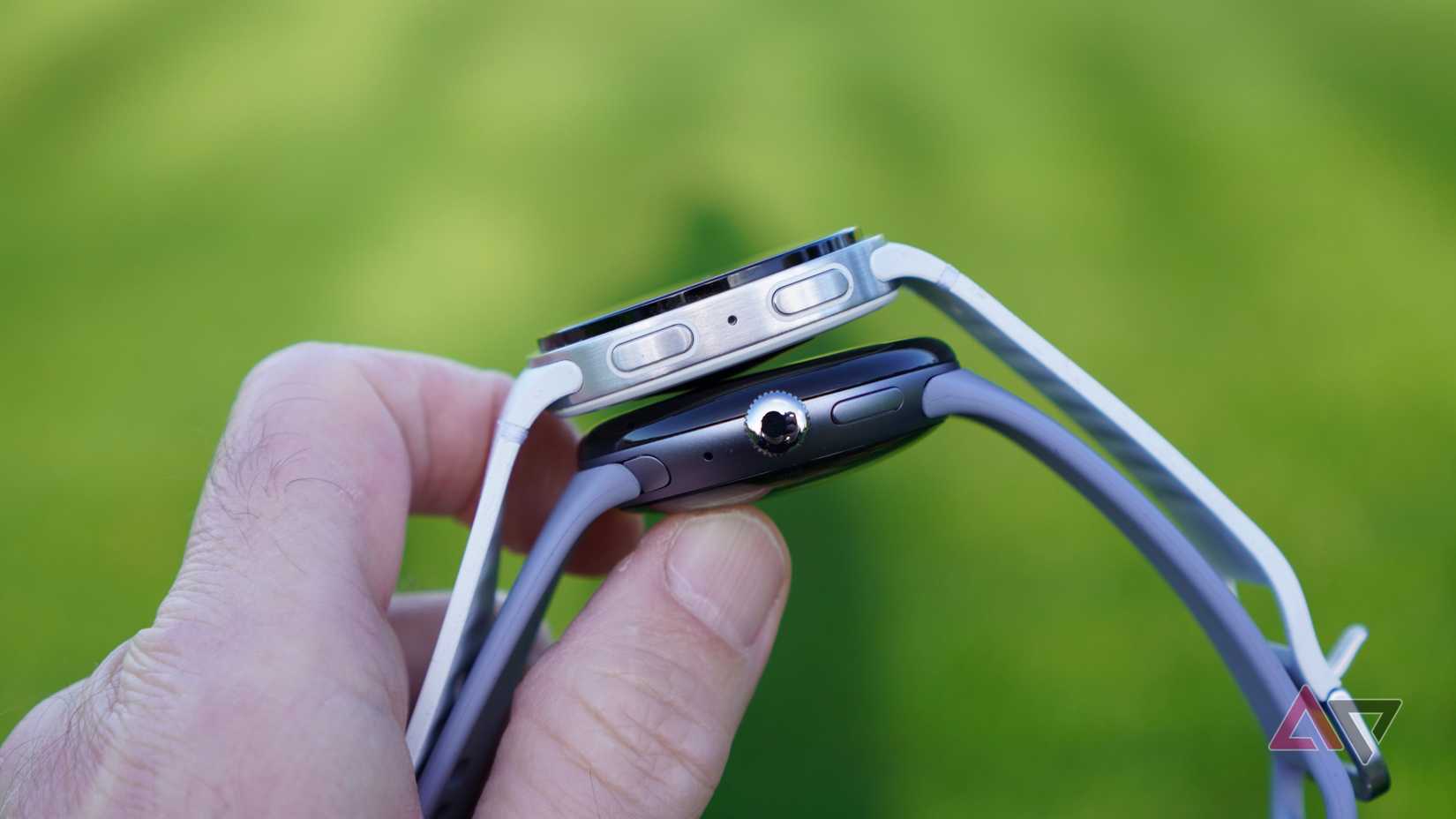 The side of the Google Pixel Watch 4 and Samsung Galaxy Watch 8