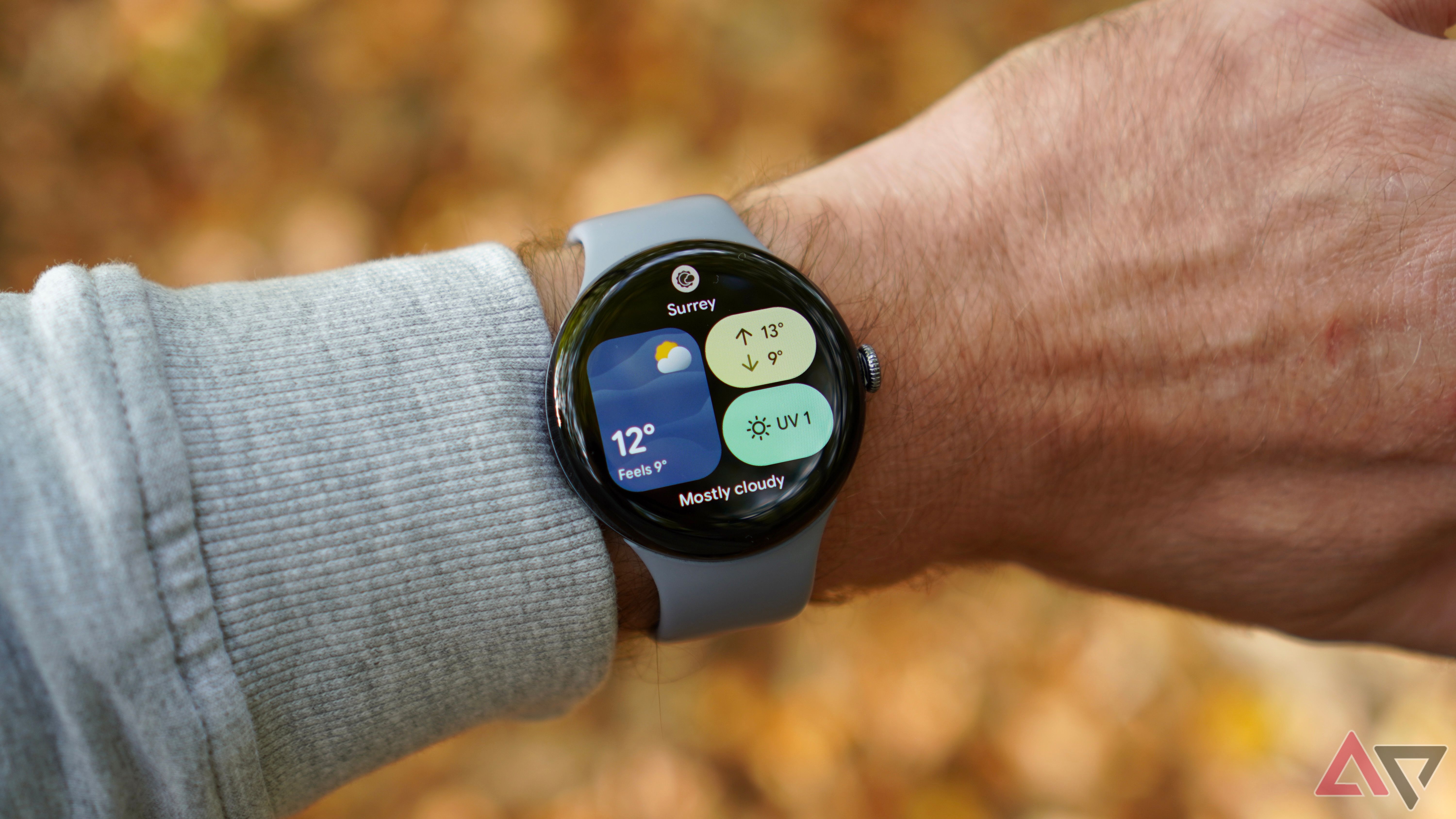 Google Pixel Watch 4 showing the weather app on the watch face