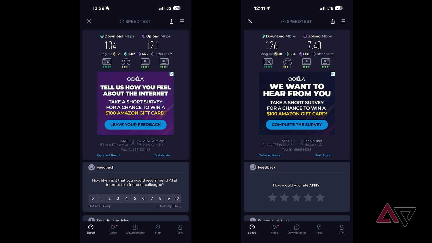 Capturas de tela de um teste de velocidade de rede 5G e 4G