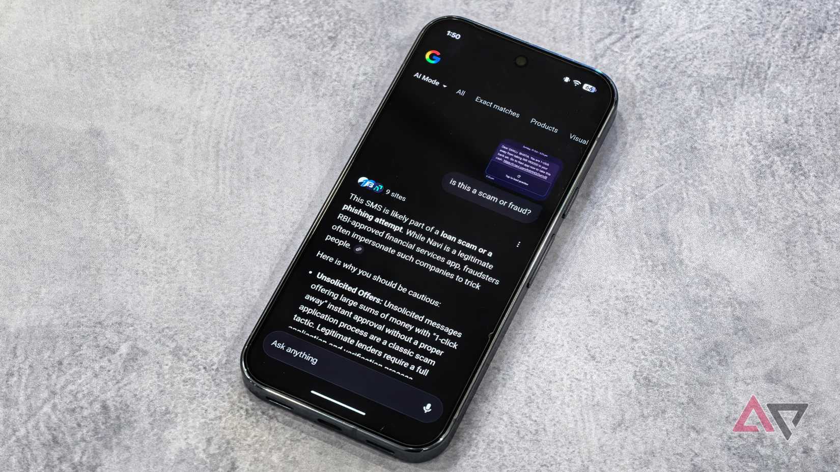 Asking Google AI a follow up question about a fraud message 