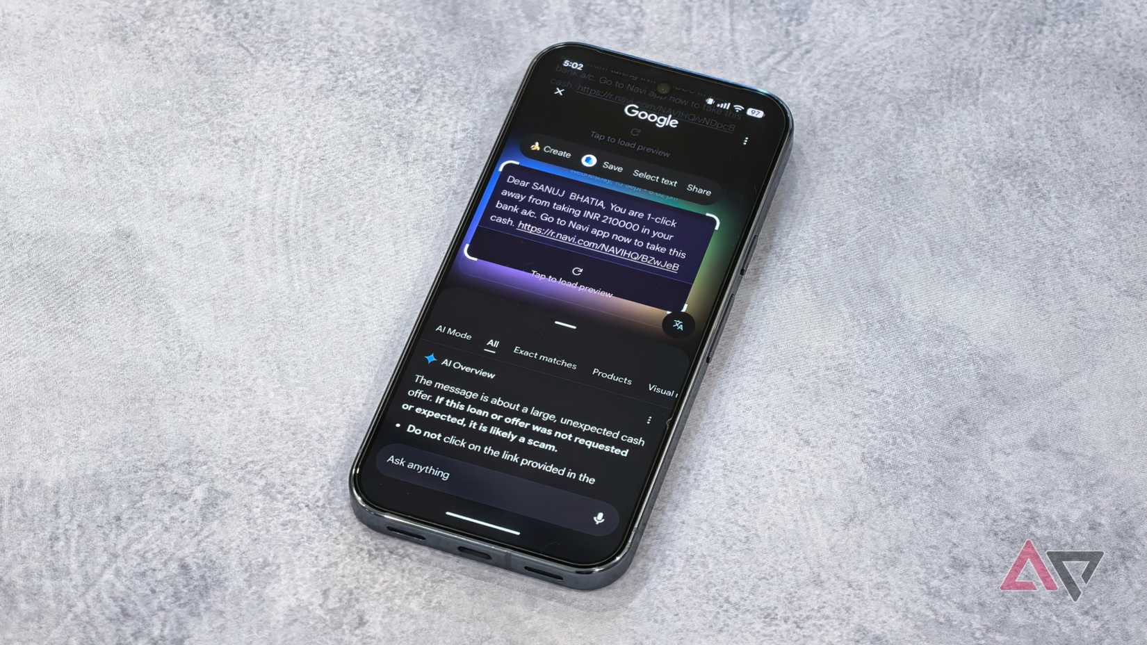Verificando mensagens fraudulentas com Circle to Search