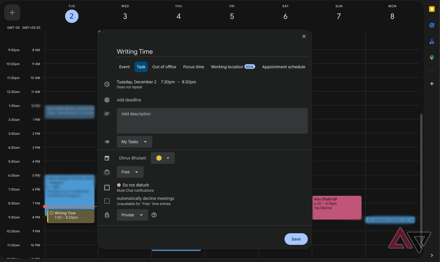 Google Calendar tasks as time blocks
