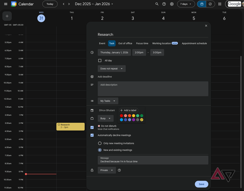 bloco de tempo do Google Agenda