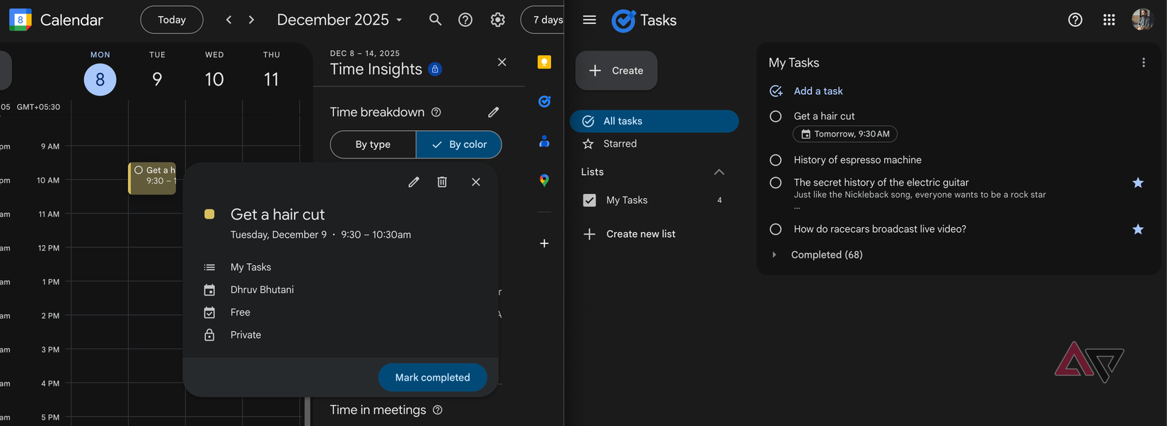 Integração com o calendário do Google Tasks