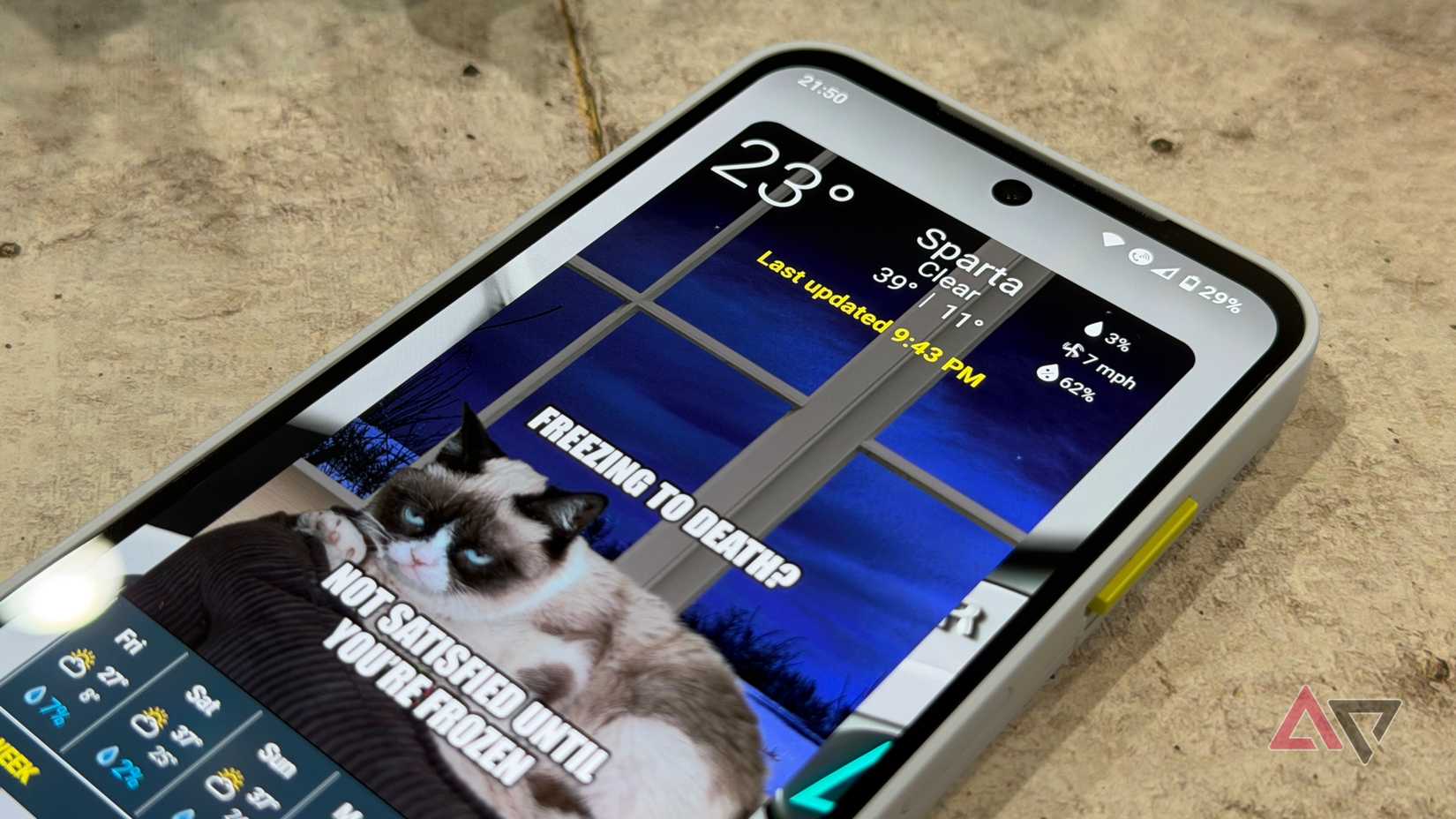 Widget Grumpy Cat Weather mostrado na tela inicial do Android