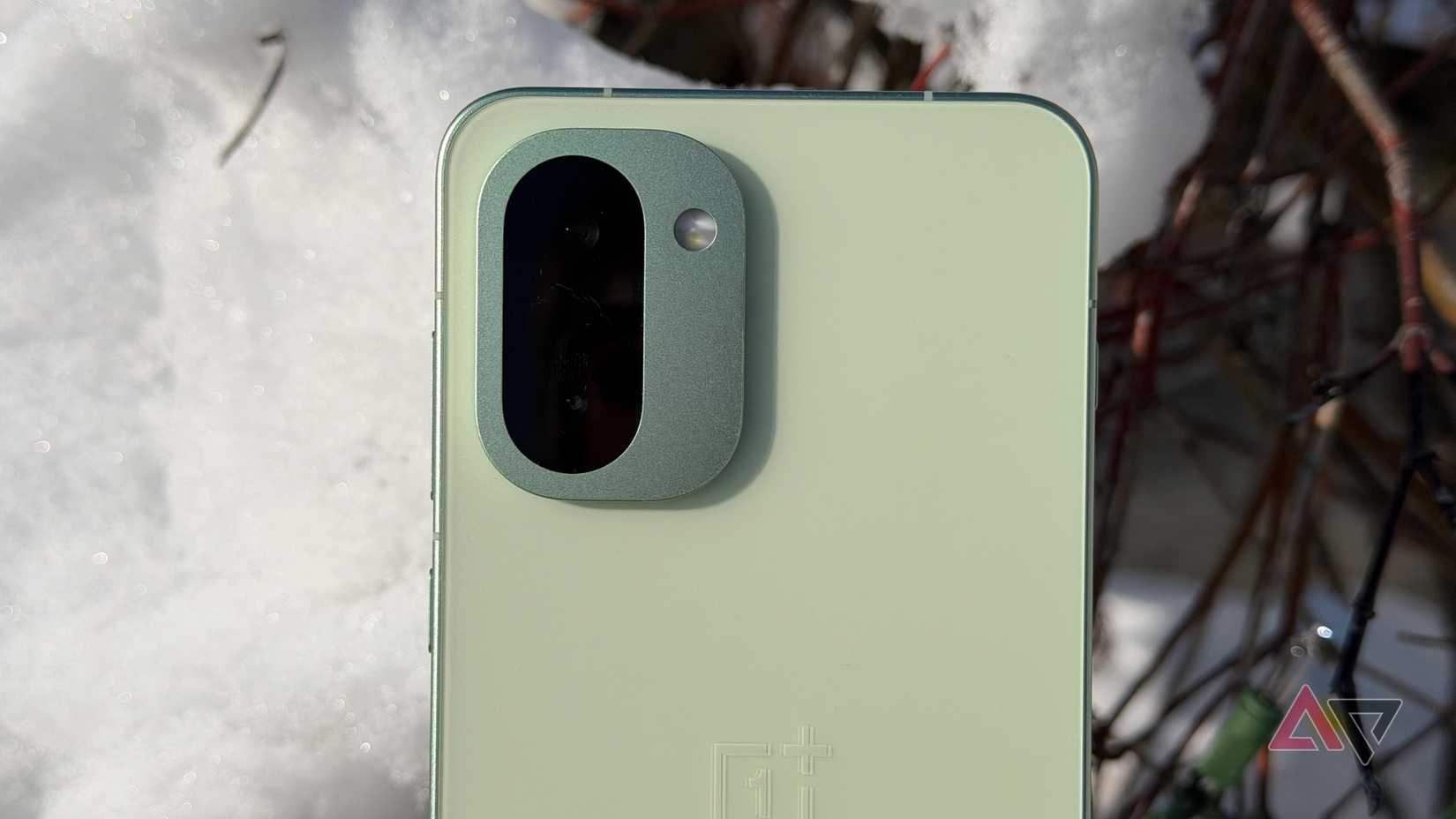 OnePlus 15R held up against a snowy tree