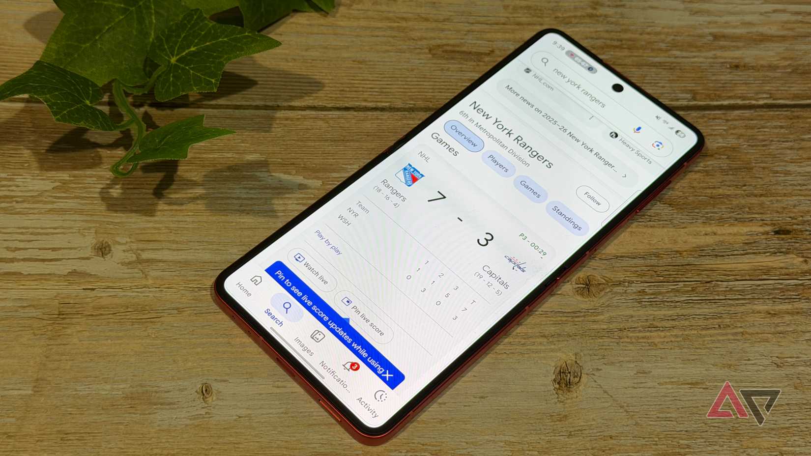 New York Rangers sendo seguidos no Google app