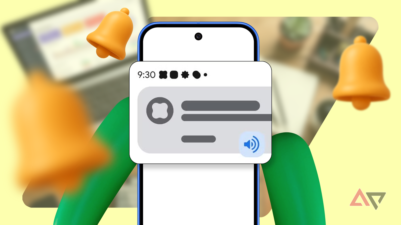 La mascotte di Android tiene in mano uno smartphone che mostra la funzione di raffreddamento delle notifiche, circondato da campanelli arancioni galleggianti.